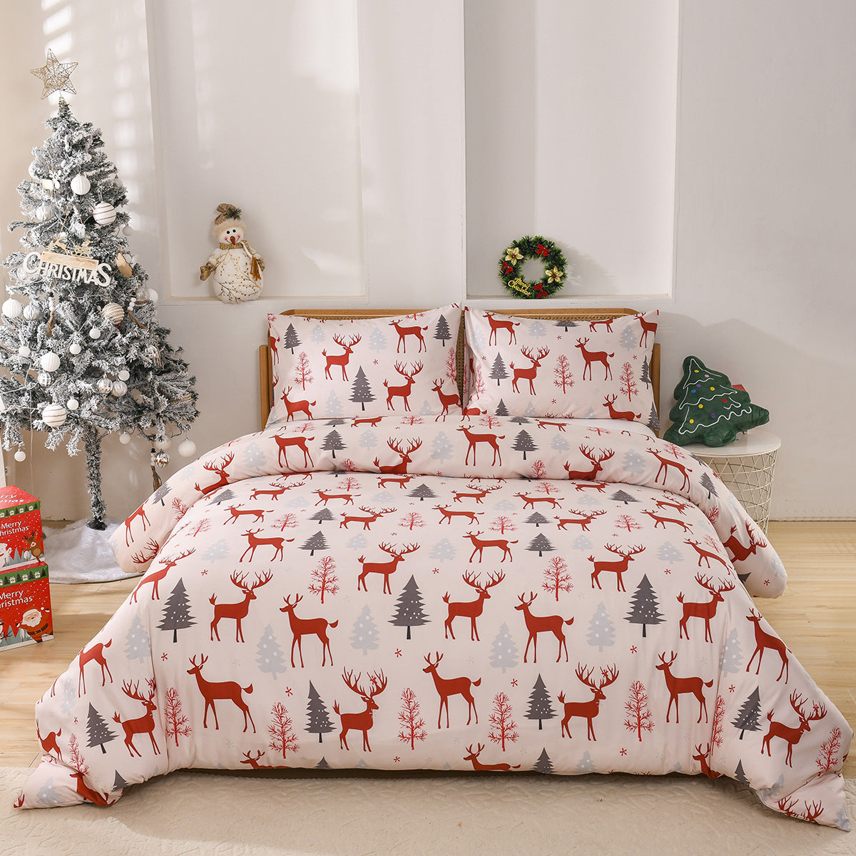 Christmas Forest Deer Pattern Duvet Three-piece Set