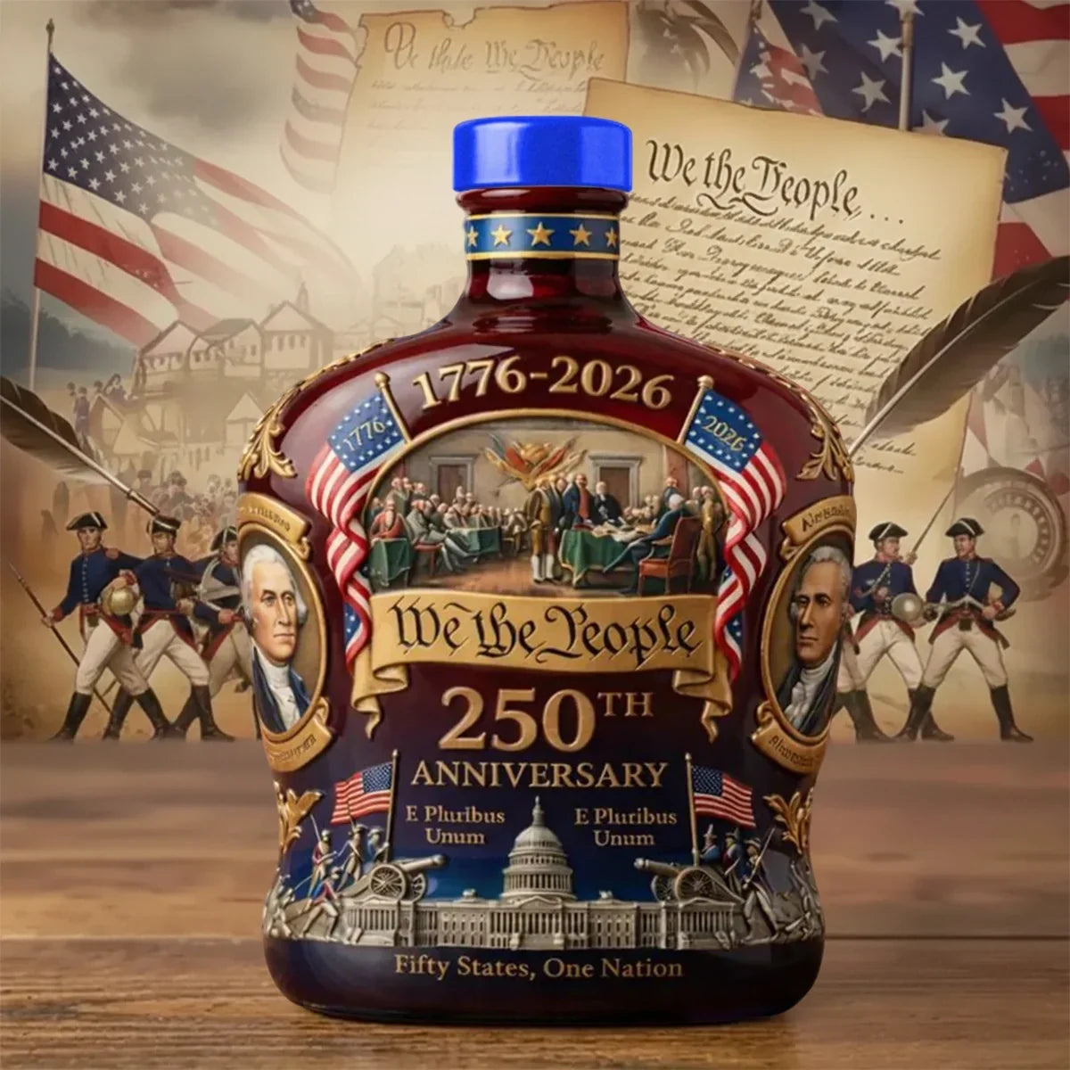 Bottle with 1776-2026 design featuring American flags and historical scenes on a wooden surface.