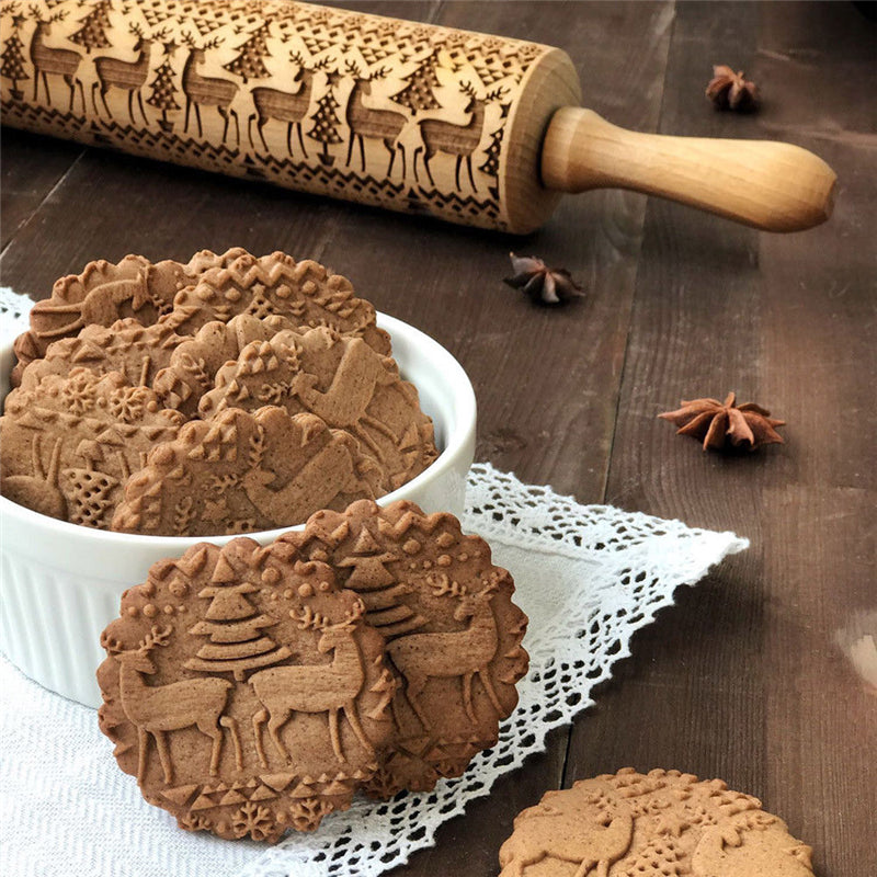 Embossed Wooden Rolling Pin | Holiday Cookie Engraver | Handcrafted Beech Wood | JollyRoller
