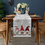 Festive Linen Table Runner for Christmas with Snowflake and Gnome Motif