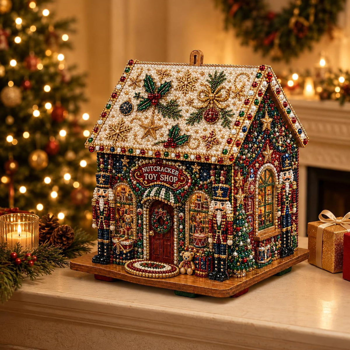 3D Christmas House Diamond Painting Kit for Adults, Wooden Pearl Art Craft