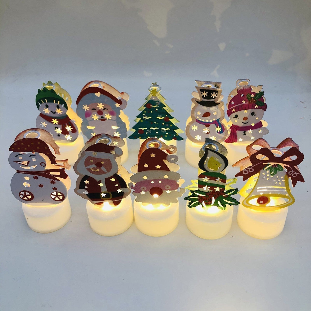 Electronic LED Christmas Candle Lamps - Set of 10 – Adorable Santa, Snowman & Tree Night Lights for Festive Home, Party, & Garden Décor