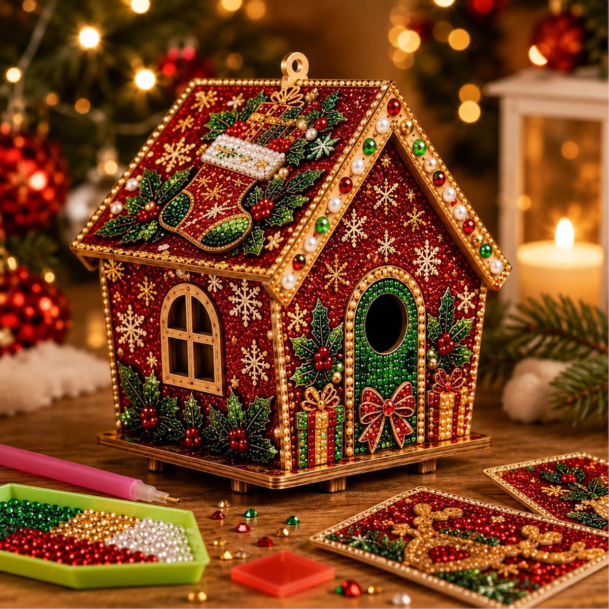 3D Christmas House Diamond Painting Kits for Adults, Light Up Wooden Pearl Art Set DIY Holiday Ornaments