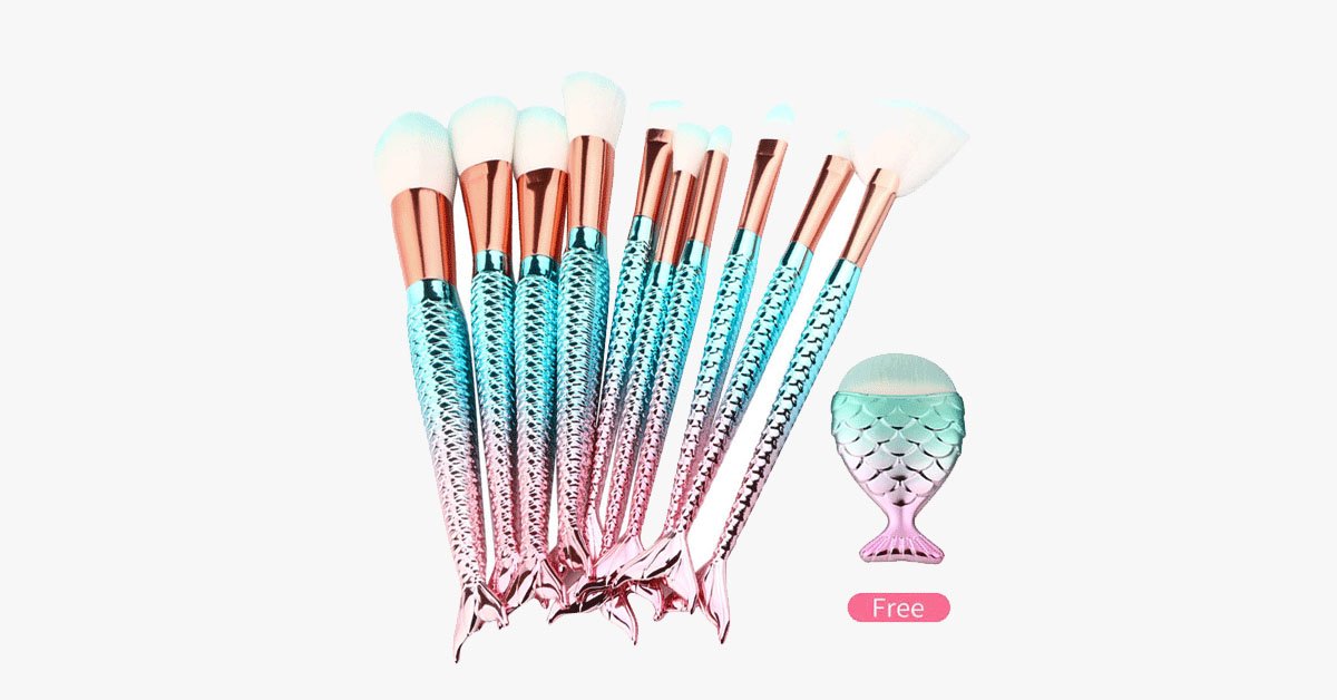 Mermaid Makeup Brush Set with FREE Contour Brush - Professional Cosmetic Brush for Eyeshadow, Eyeliner, Blush & Concealer