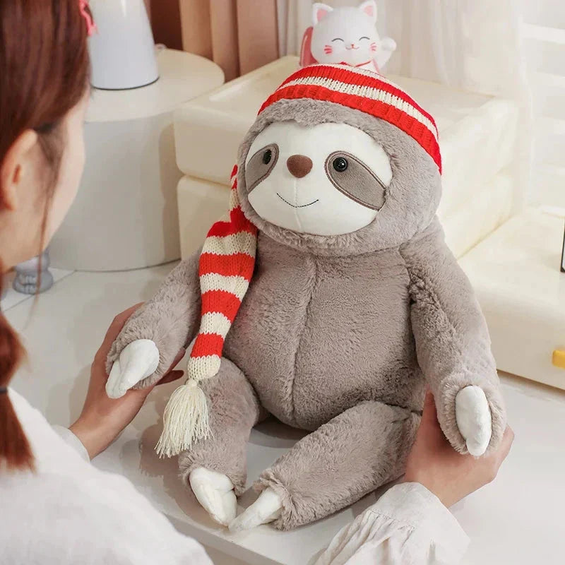 Kawaii Christmas Sloth Plush with Striped Hat