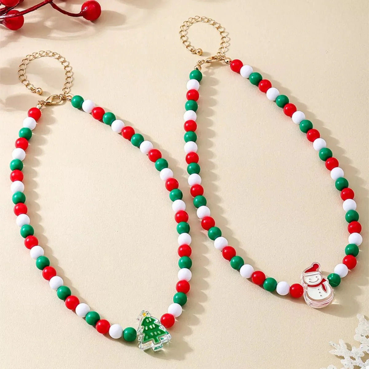 2 Piece Christmas Beaded Necklace with Holiday Charms
