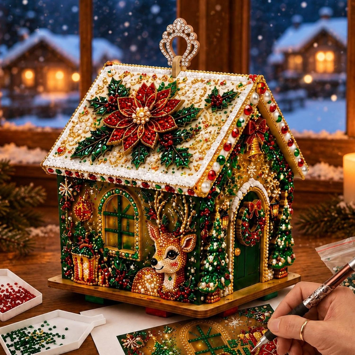 3D Christmas Pearl Diamond Painting Wooden House Art Kit for Adults