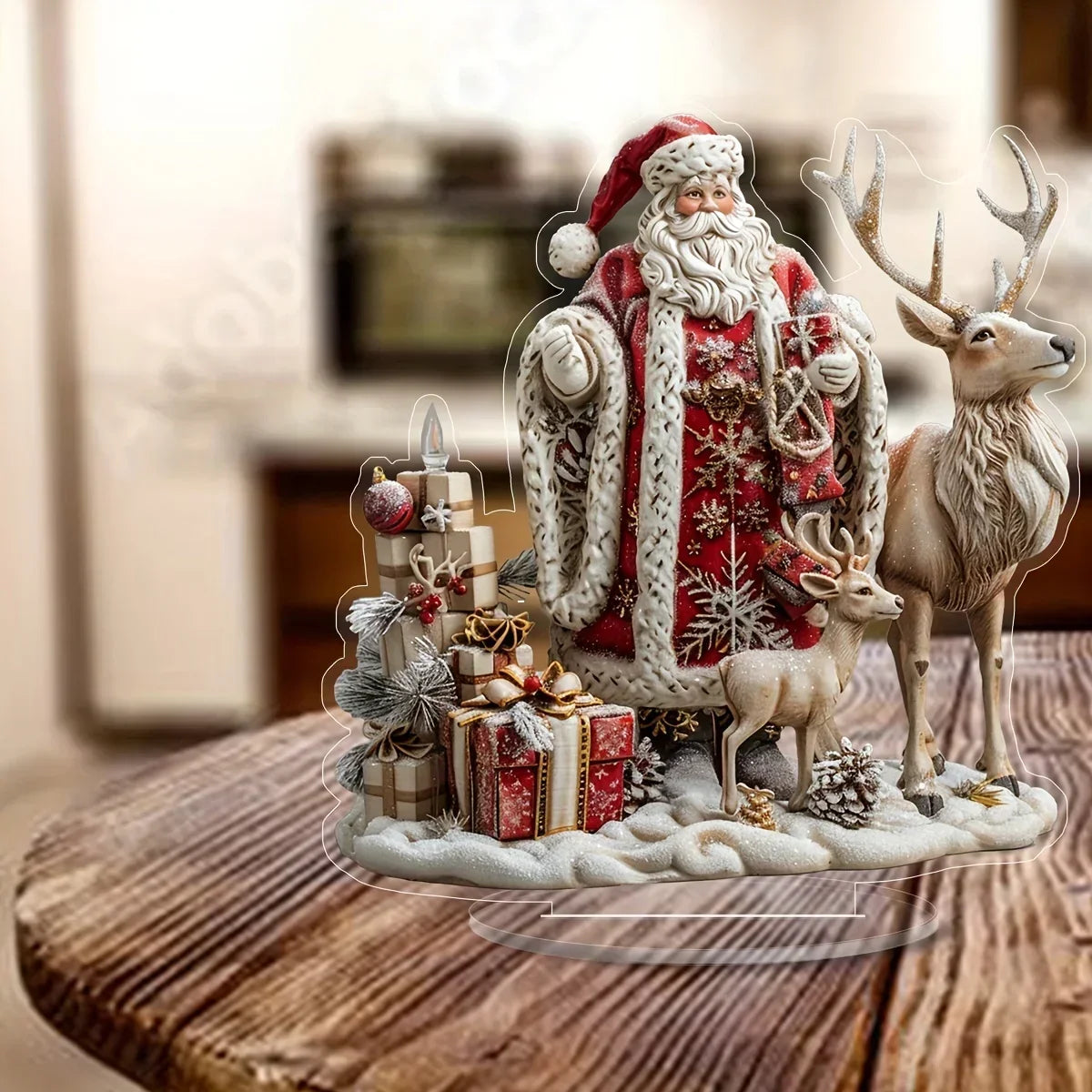 Acrylic Christmas Reindeer Sleigh Decoration with Santa Claus, 2D Design