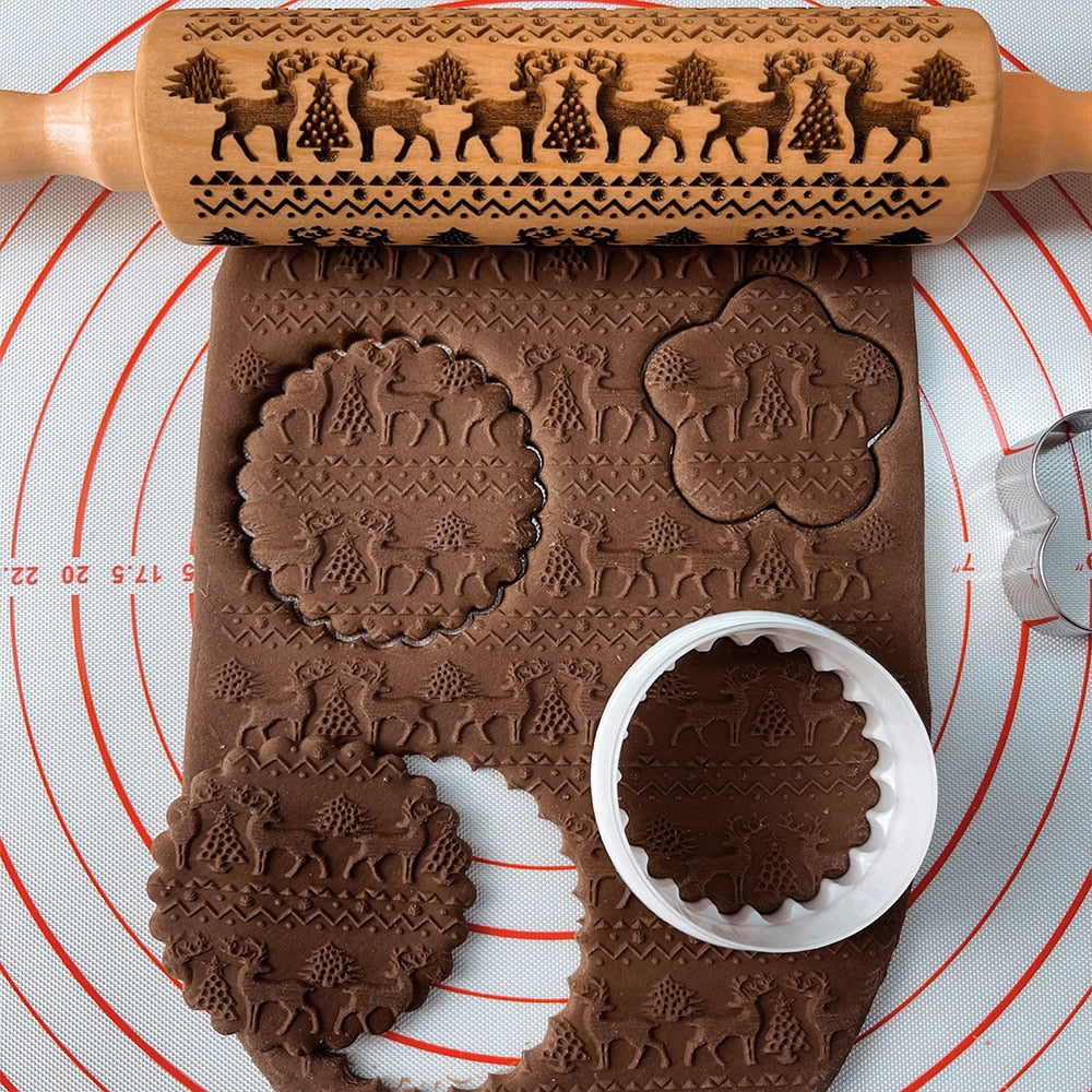 Embossed Wooden Rolling Pin | Holiday Cookie Engraver | Handcrafted Beech Wood | JollyRoller