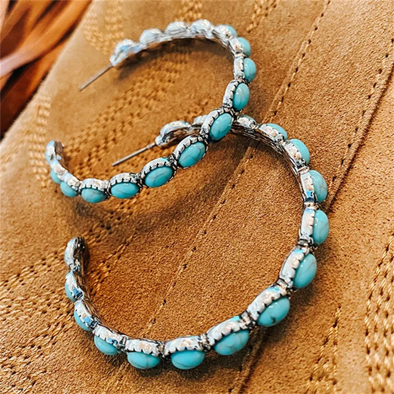 Vintage C-Shaped Turquoise Hoop Earrings