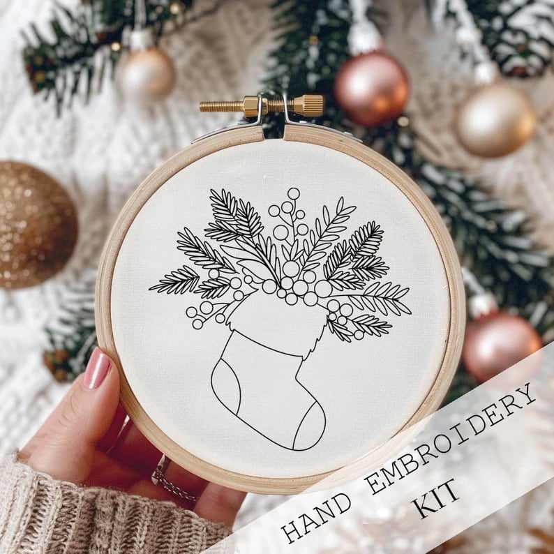 Christmas Embroidery Kit | Winter Snowy Village Pattern | Beginner Craft Set with Hoop & Threads