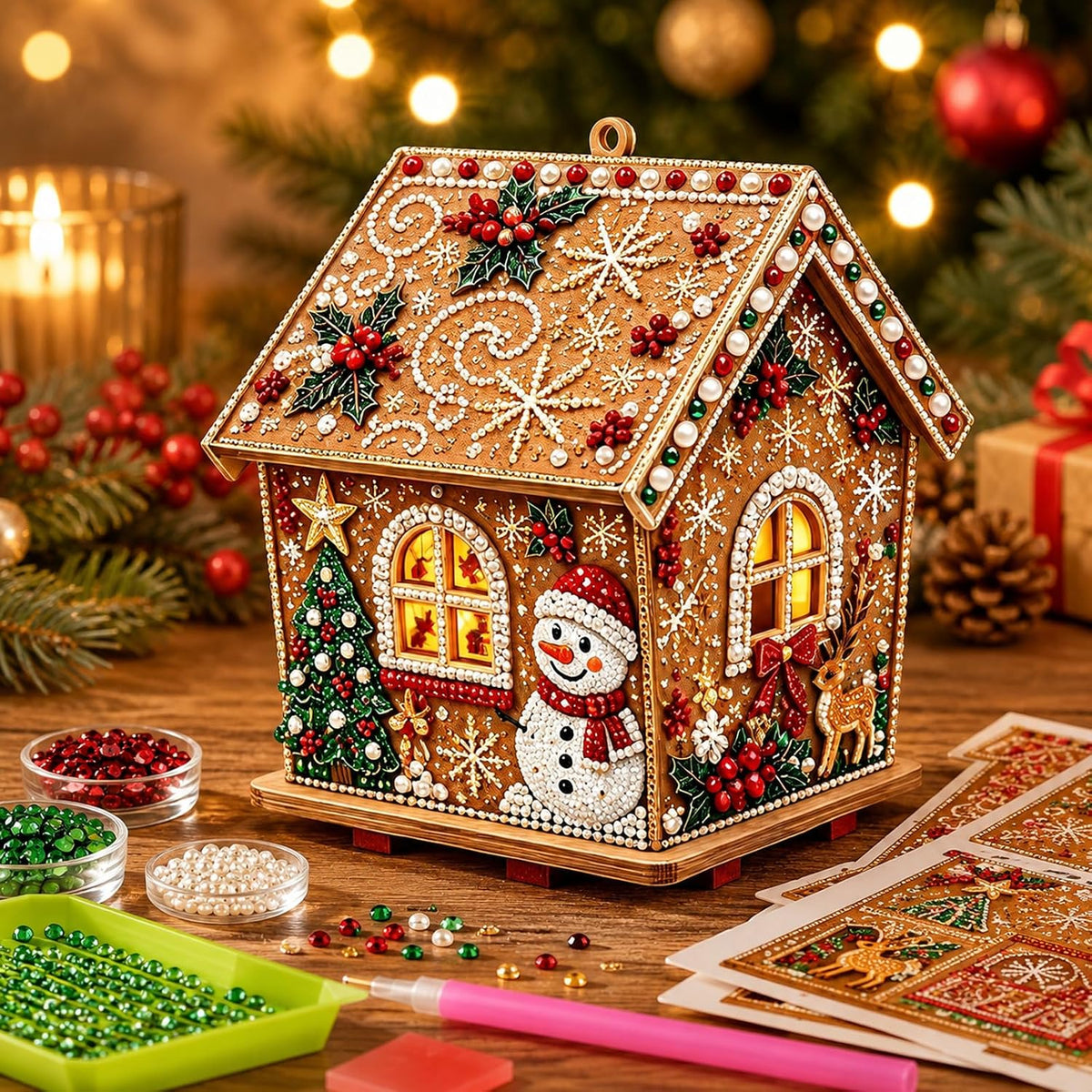 3D Christmas House Diamond Painting Kits for Adults, Light Up Wooden Pearl Art Set DIY Holiday Ornaments