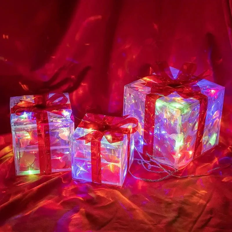 Lighted Christmas Gift Box Set of 3 with Warm White LEDs for Indoor and Outdoor Decor
