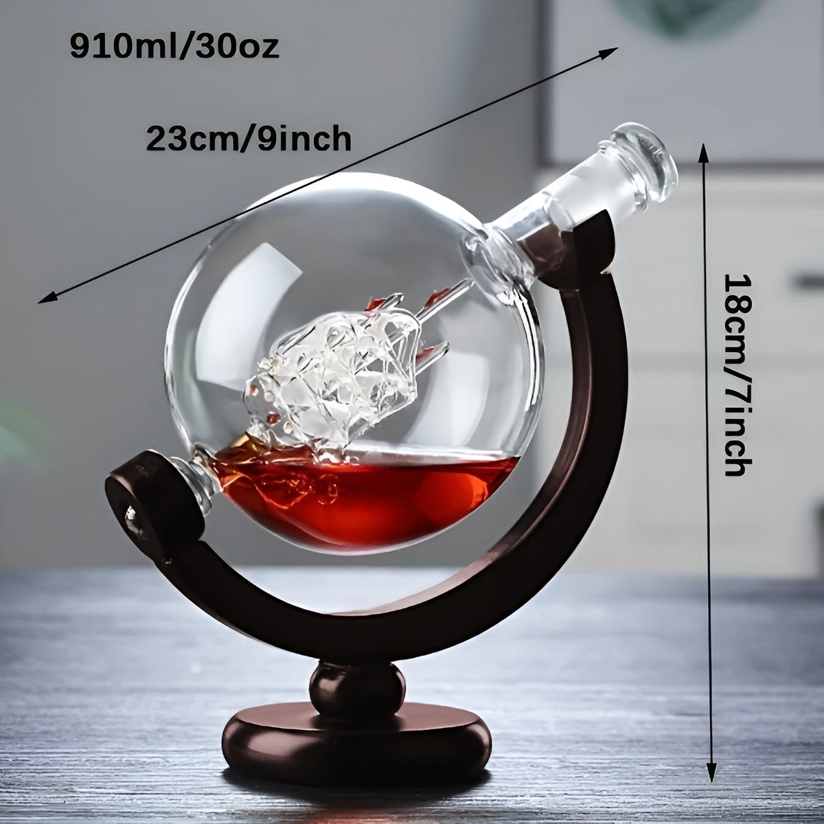 Whisky Decanter Set in Globe Shape – Lead-Free Carafe with Wooden Stand | Includes 2 Whisky Glasses