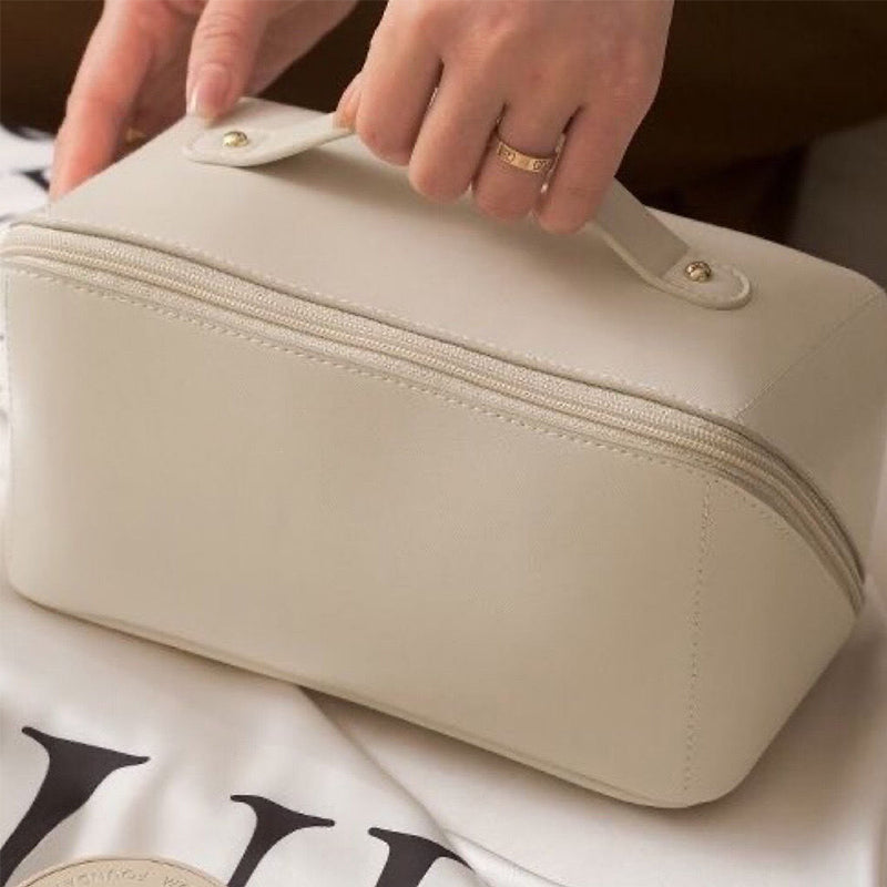 Large Travel Cosmetic Bag with Double-Layer Storage and Water-Resistant PU Leather
