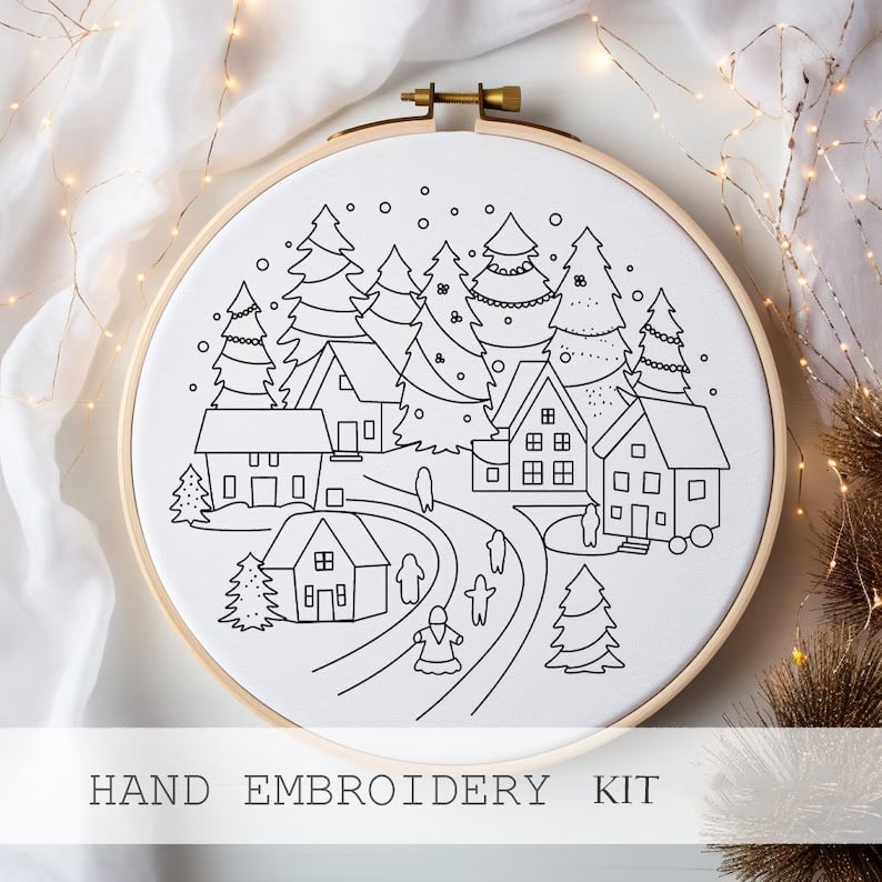 Christmas Embroidery Kit | Winter Snowy Village Pattern | Beginner Craft Set with Hoop & Threads