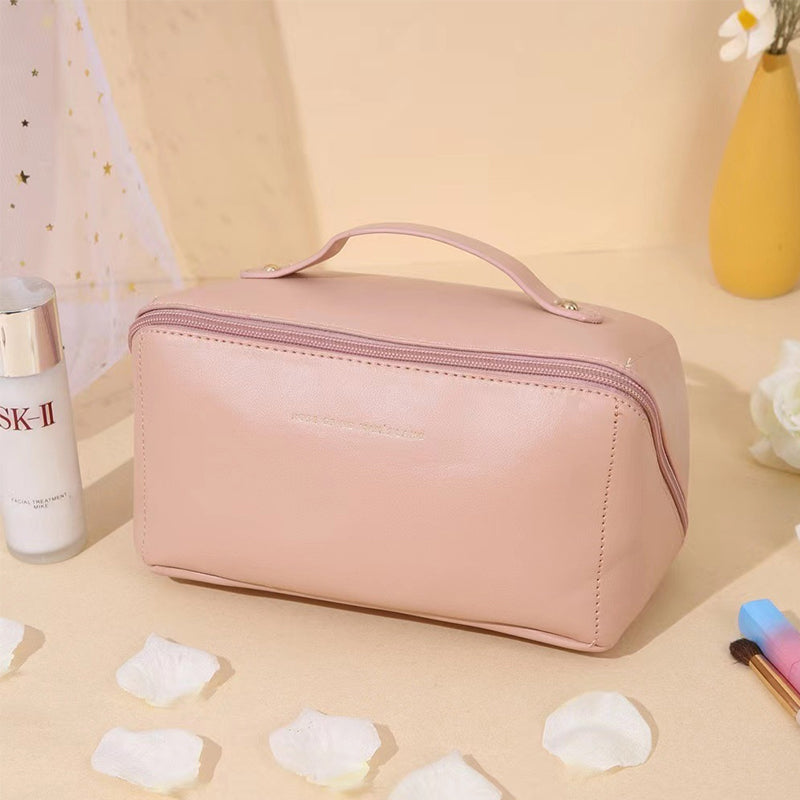 Large Travel Cosmetic Bag with Double-Layer Storage and Water-Resistant PU Leather