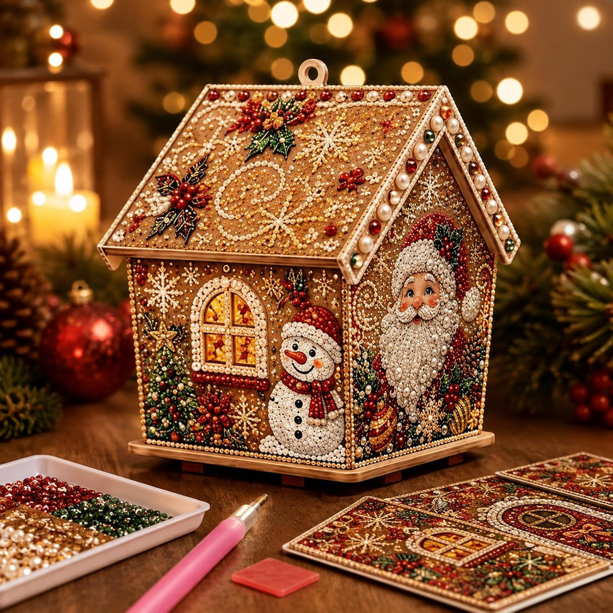 3D Christmas House Diamond Painting Kits for Adults, Light Up Wooden Pearl Art Set DIY Holiday Ornaments