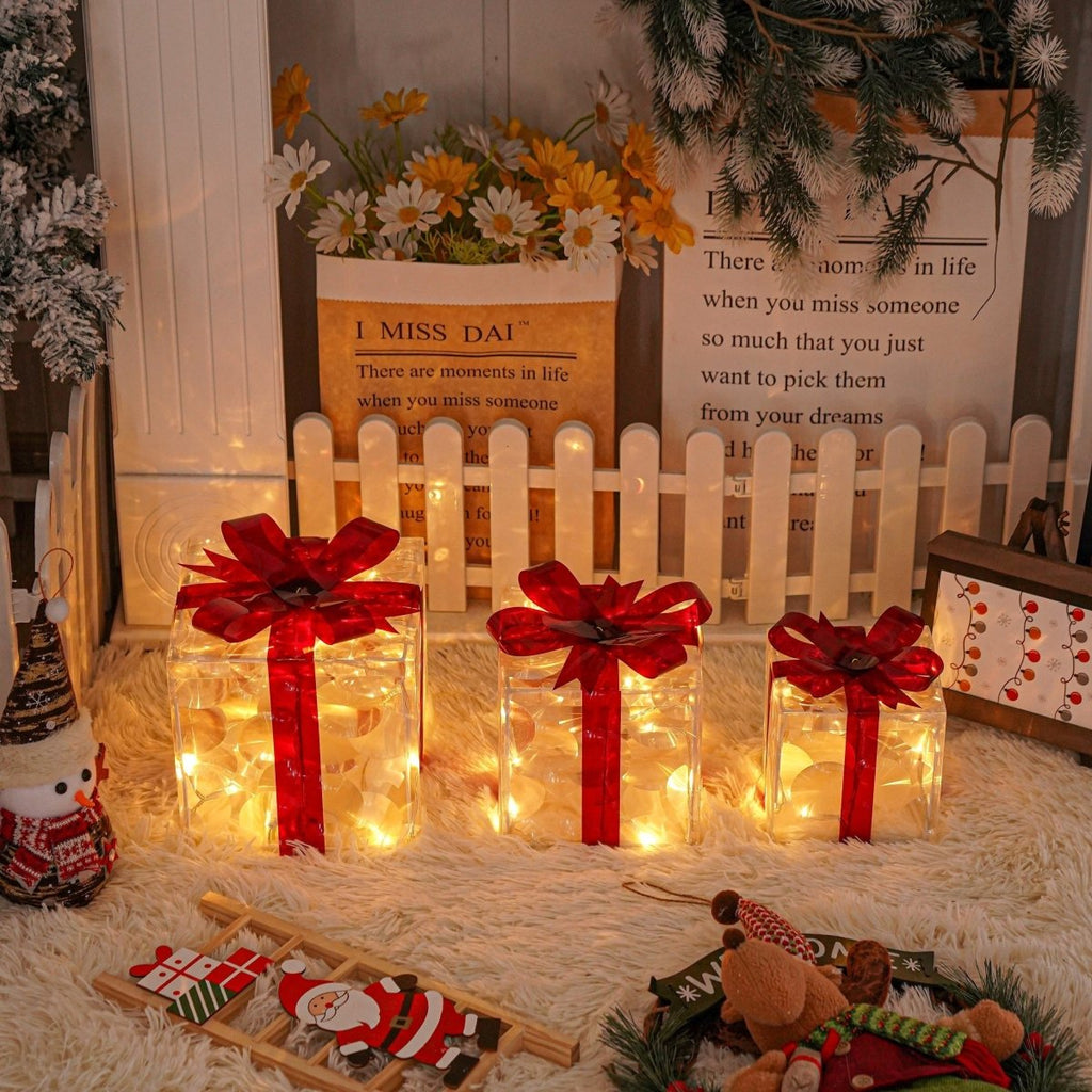 Lighted Christmas Gift Box Set of 3 with Warm White LEDs for Indoor and Outdoor Decor