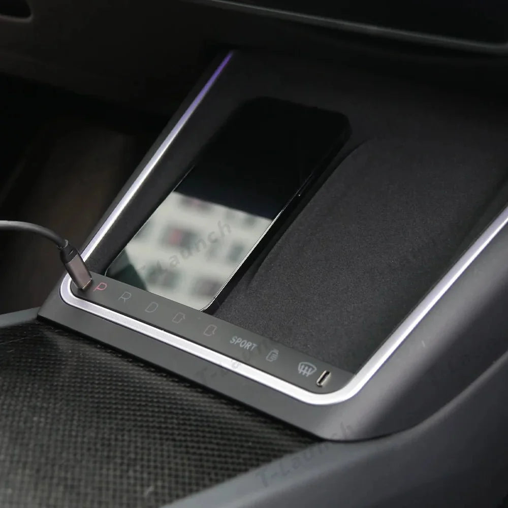 Smart Touch Center Console Wireless Charging Dock with Ambient Light Sync for Tesla Model Y Juniper 2025+ / Model 3 Highland 2024+