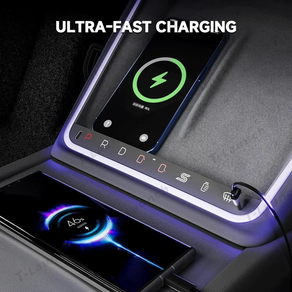 Smart Touch Center Console Wireless Charging Dock with Ambient Light Sync for Tesla Model Y Juniper 2025+ / Model 3 Highland 2024+