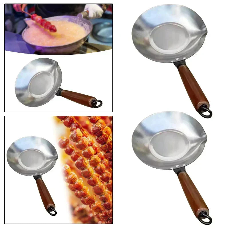 Stainless steel melting pot with spout and wooden handle