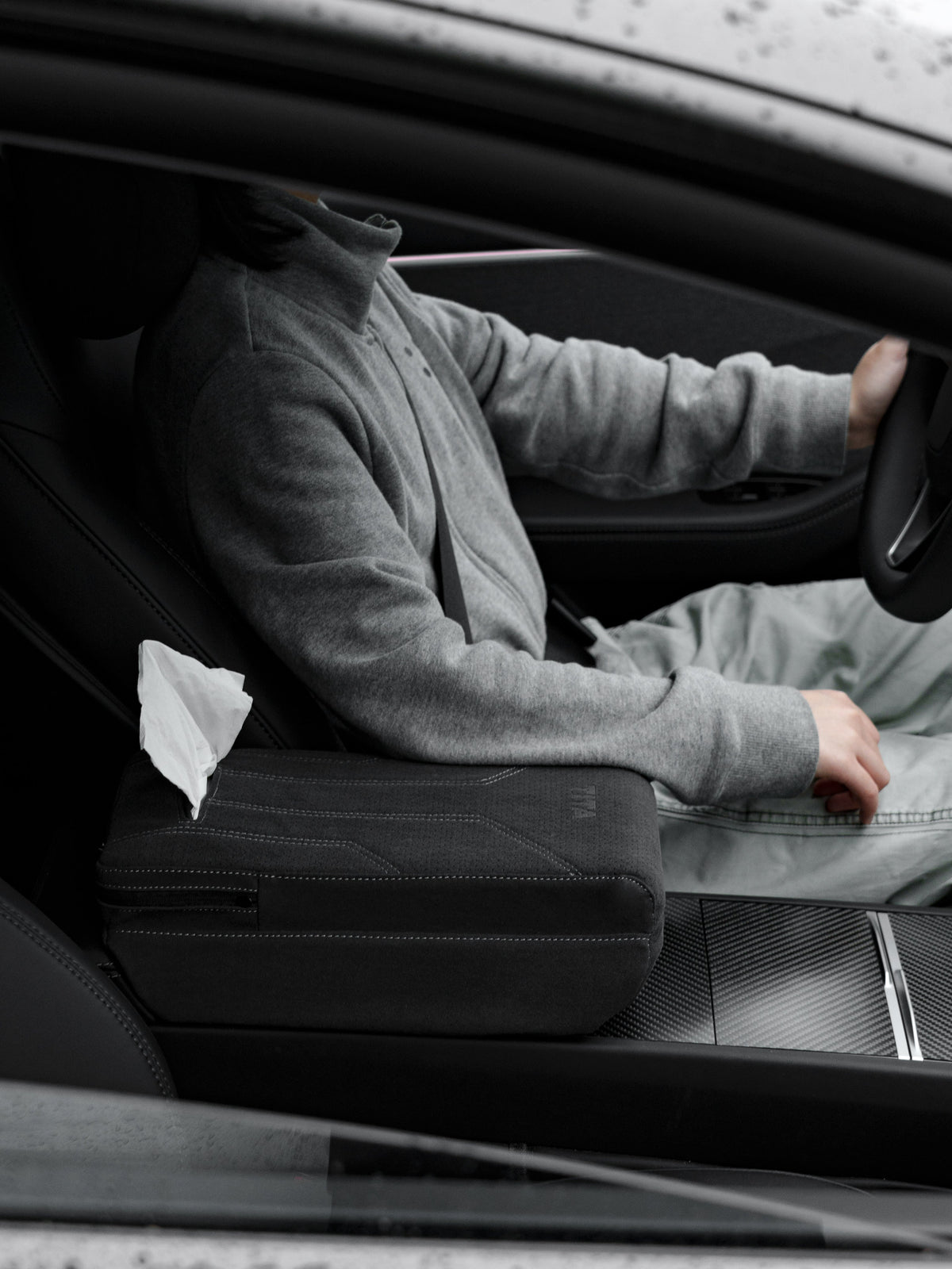 Suede Armrest Cover with Raised Pad & Tissue Box for Model Y Juniper & Model 3 Highland