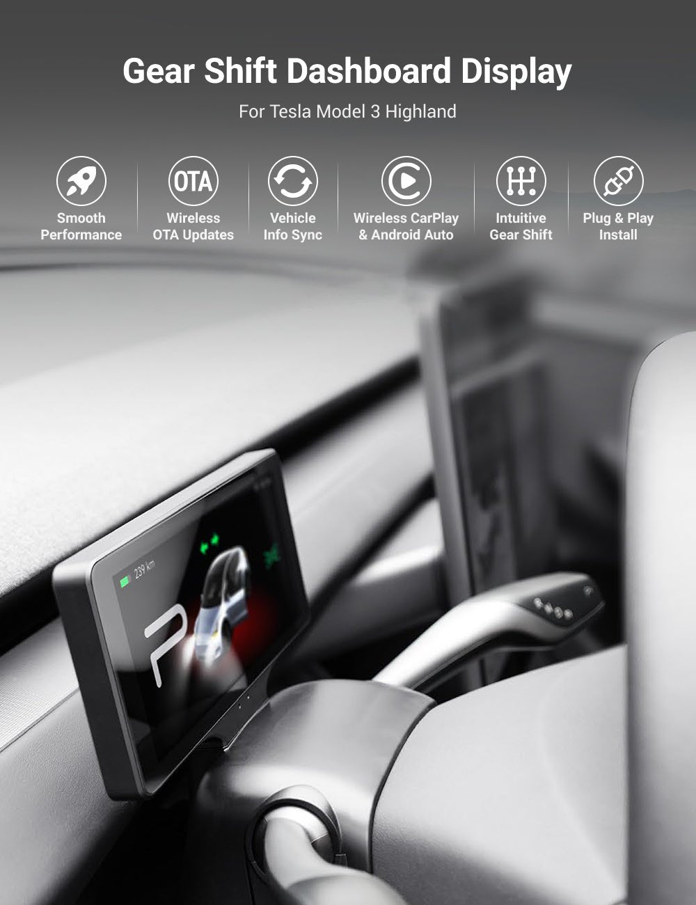 Miroken 7′′ Gear Shift Touch Screen Dashboard Display for Model 3 Highland / Model Y Juniper