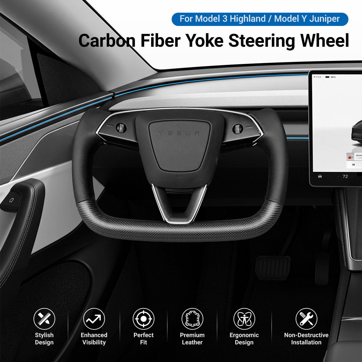 Miroken Carbon Fiber Heated Yoke Steering Wheel for Model 3 Highland / Model Y Juniper