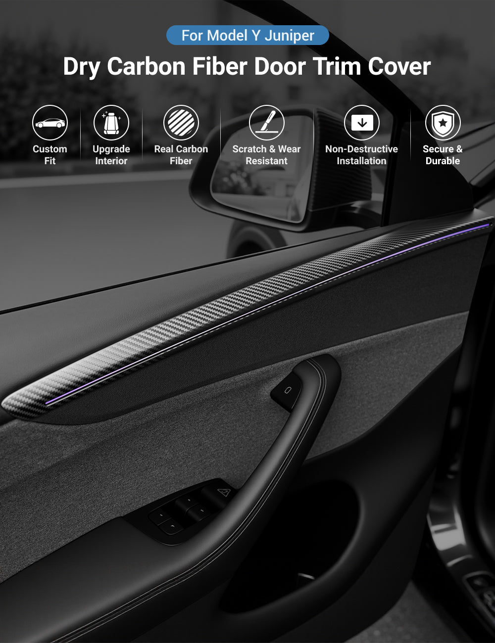 Miroken Dry Carbon Fiber Door Trim Cover for Tesla Model Y Juniper