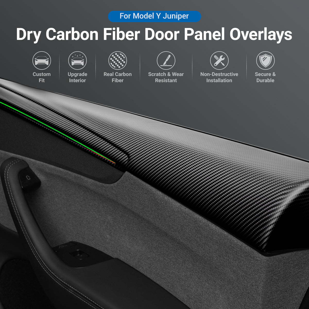 Miroken Dry Carbon Fiber Full Upper Oversized Extended Door Panel Overlays for Model Y Juniper