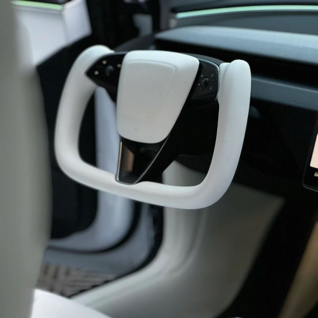 Miroken Model 3 Highland & Model Y Juniper Yoke Plaid Steering Wheel 【White Leather】