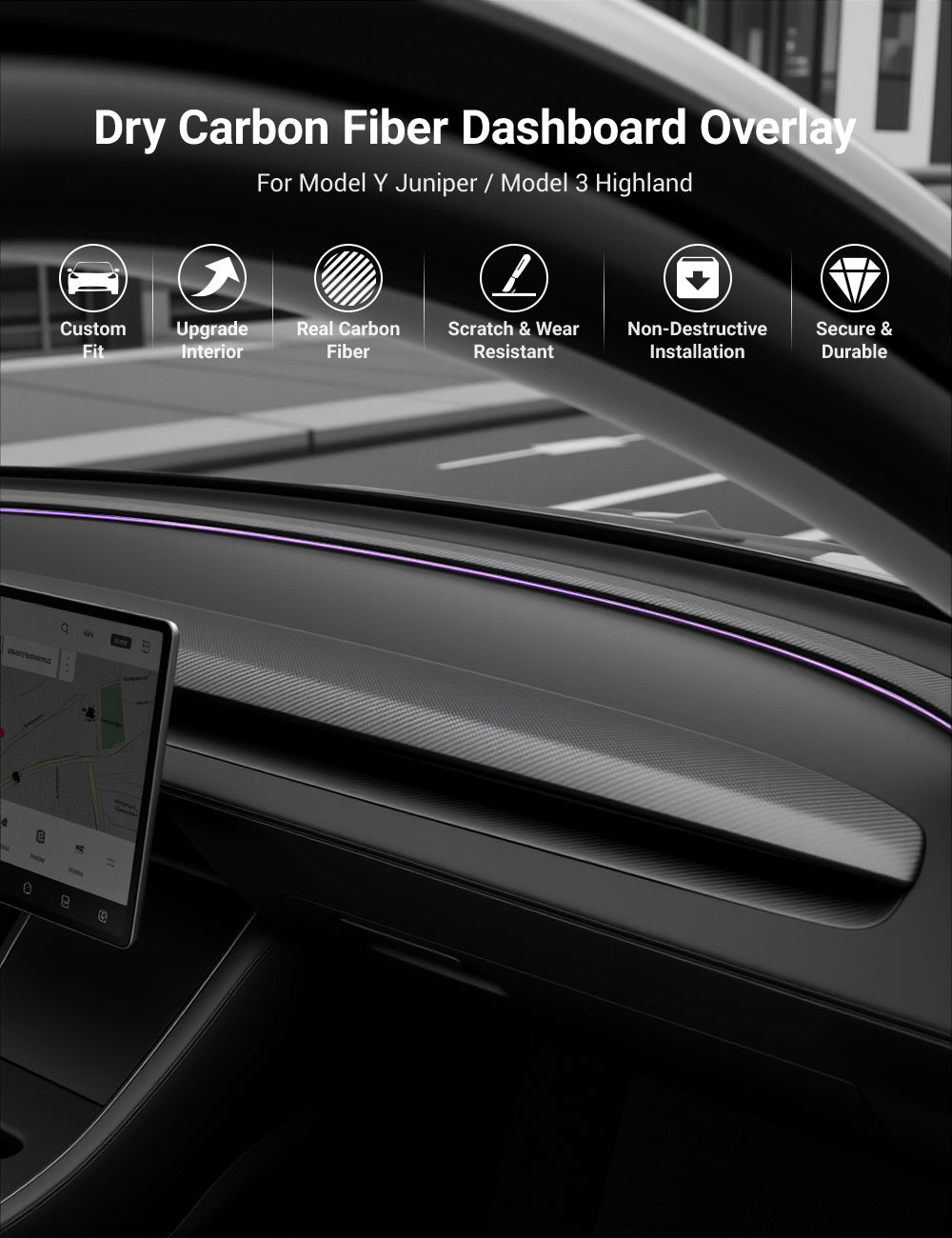 Miroken Real Dry Carbon Fiber Dashboard Cover Overlay for Model 3 Highland / Model Y Juniper