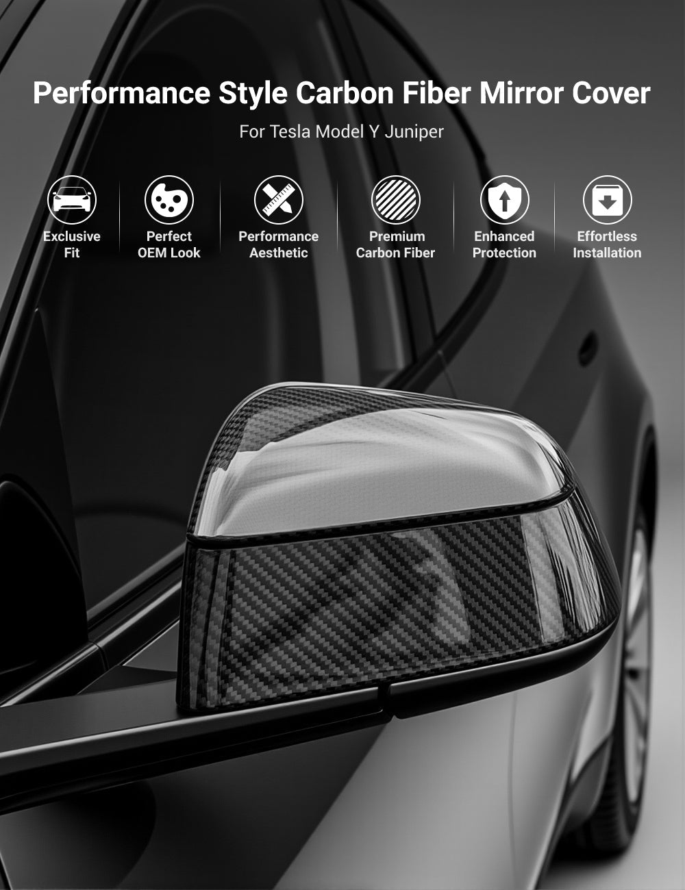 Miroken Side Mirror Cover for Model Y Juniper (OEM Style) - Dry Carbon Fiber Exterior Mods