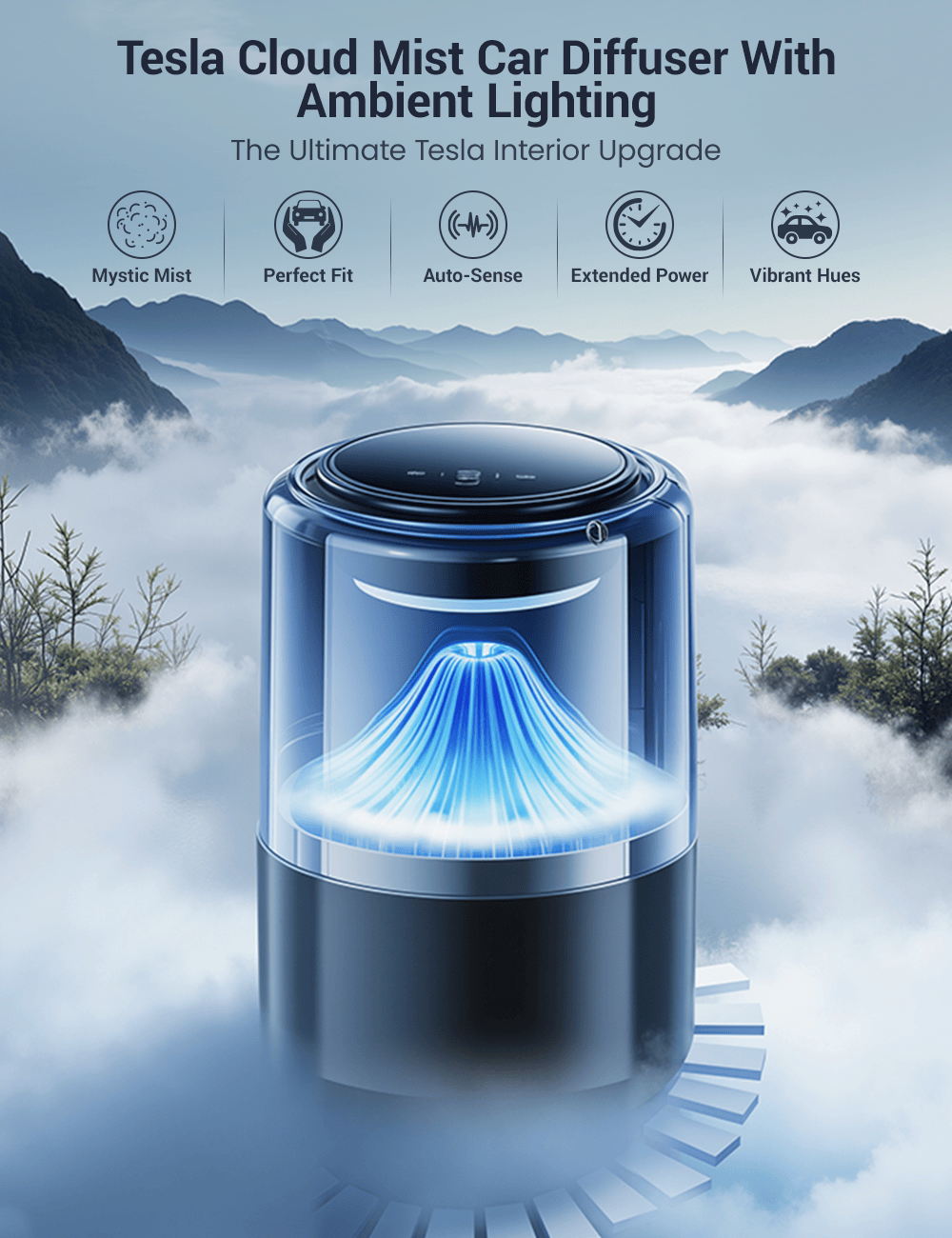 Tesla Model Y/3/S/X Cloud Mist Car Diffuser With Ambient Lighting