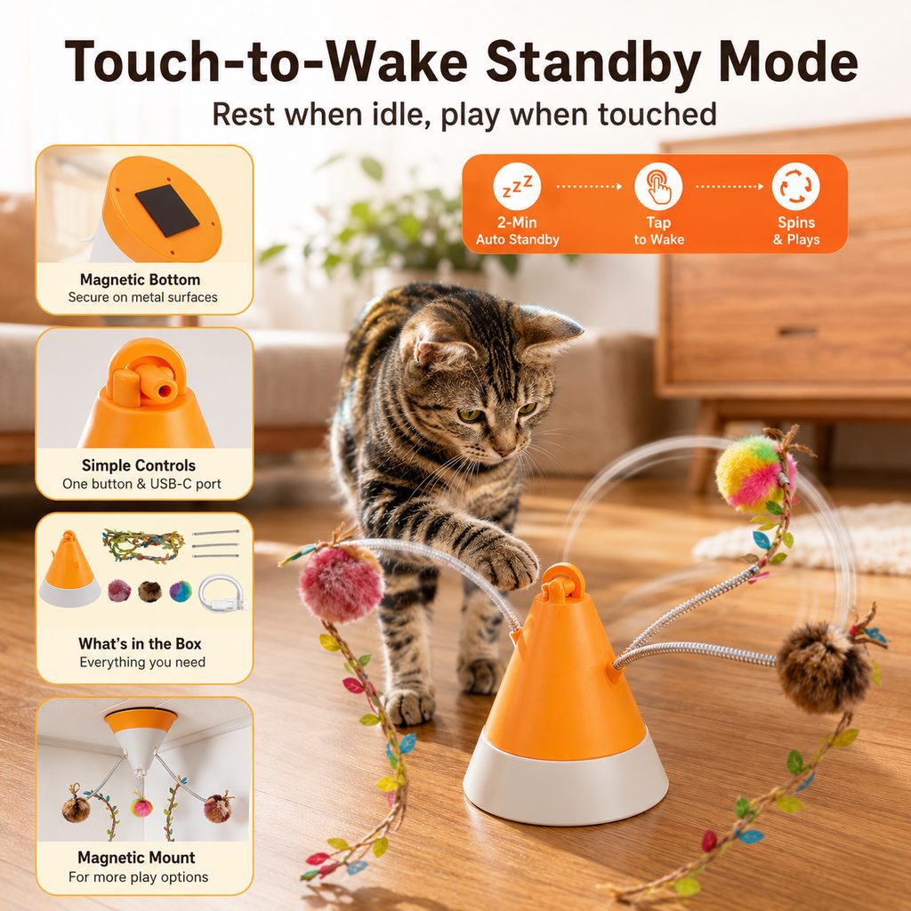 MirokenMiaSpin 360 Magnetic Rotating Cat Teaser Toy for Indoor Cats - USB-C Hands-Free Play to Beat Boredom