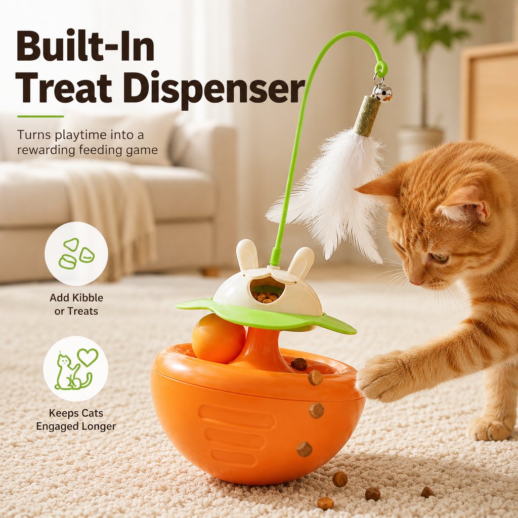 MirokenInteractive Wobble Cat Toy for Indoor Cats - Treat-Dispensing Feather Teaser That Keeps Cats Busy