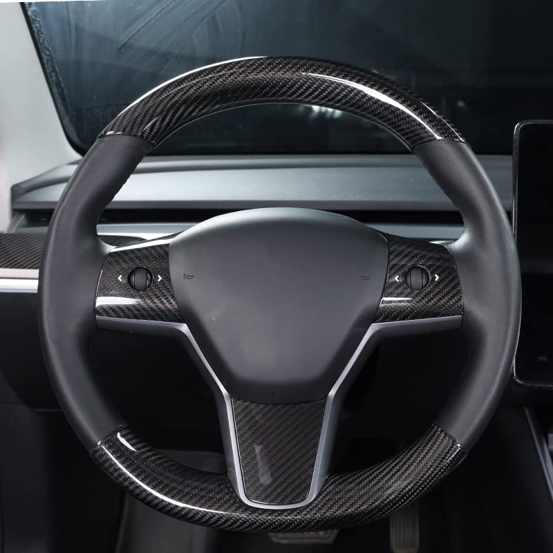 Upper / Lower Cover Steering Wheel Accessories for Tesla Model 3 / Y  -  Carbon Fiber Interior Mods