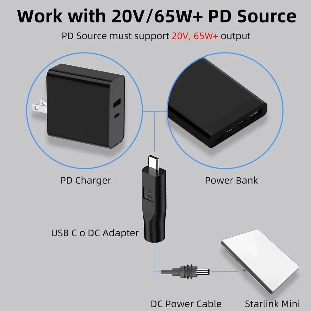USB-C Male to DC Female Power Cable Adapter for Starlink Mini