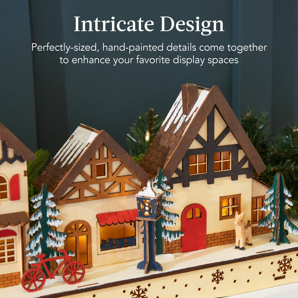 Light-Up Wooden Christmas Village - Chimney Decoration with LED Houses