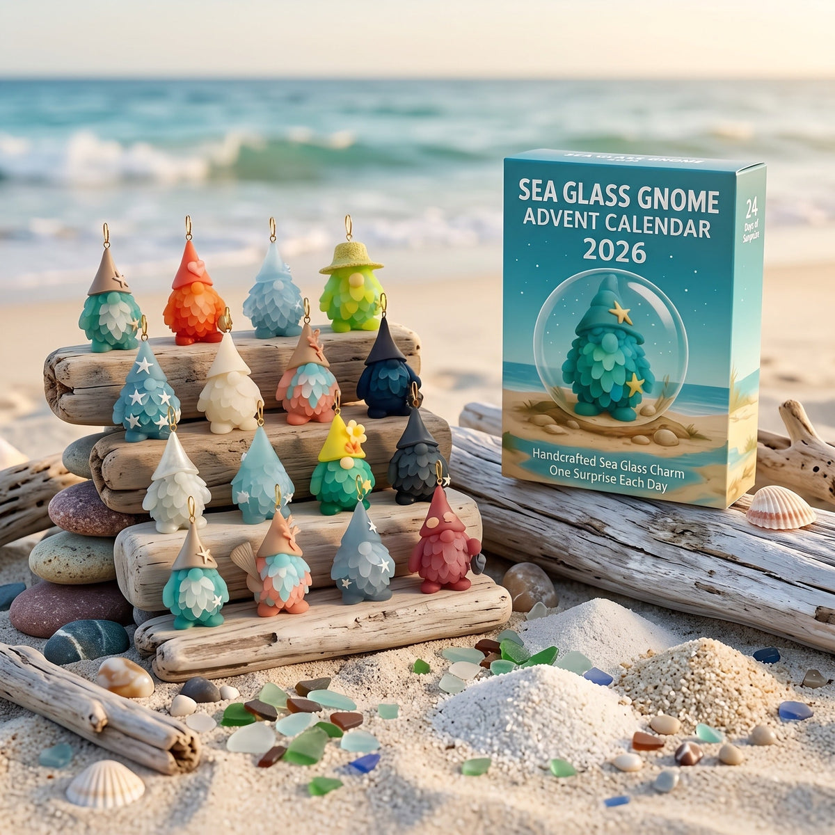 Sea Glass Gnome Advent Calendar 2026 - 24 Sea Glass Gnome Ornaments