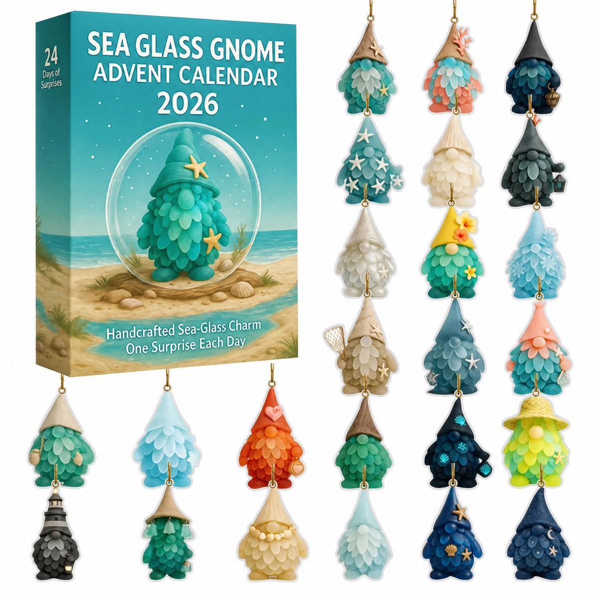 Sea Glass Gnome Advent Calendar 2026 - 24 Sea Glass Gnome Ornaments