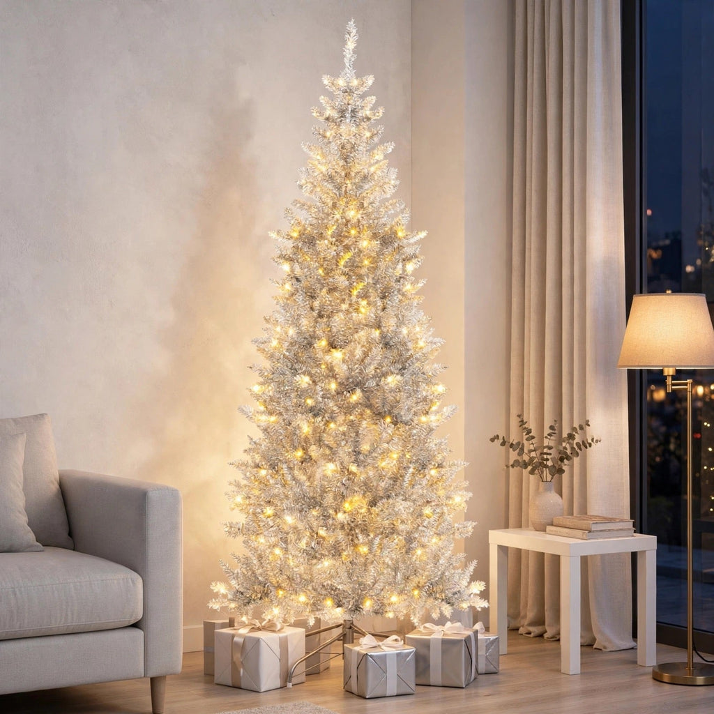Silver Tinsel Christmas Tree 1,8 m - Slim with 300 LED Lights