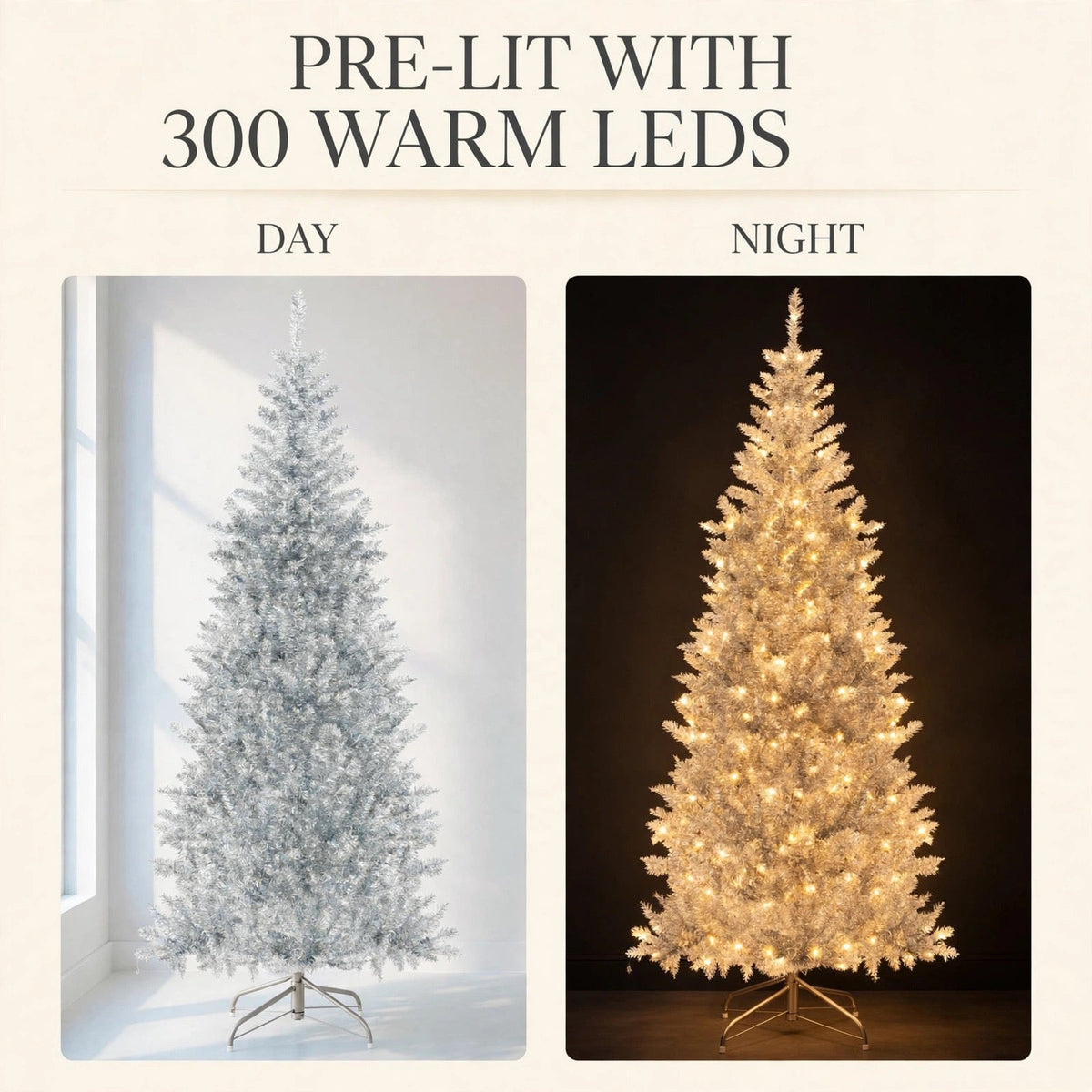 Silver Tinsel Christmas Tree 1,8 m - Slim with 300 LED Lights