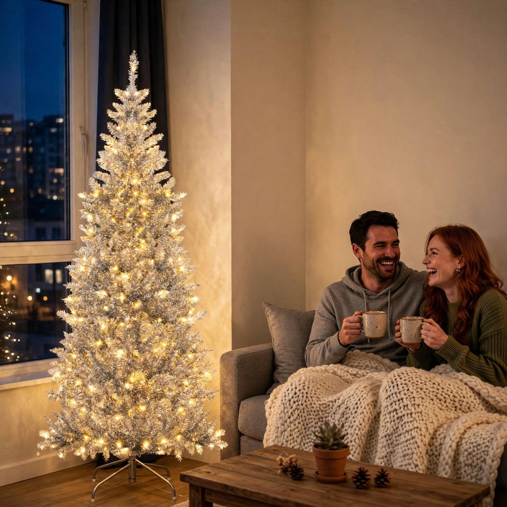 Silver Tinsel Christmas Tree 1,8 m - Slim with 300 LED Lights